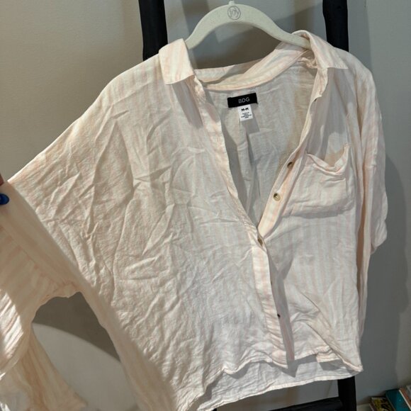 BDG Pink and White Striped Button Up Long Sleeve Top - Picture 2 of 4